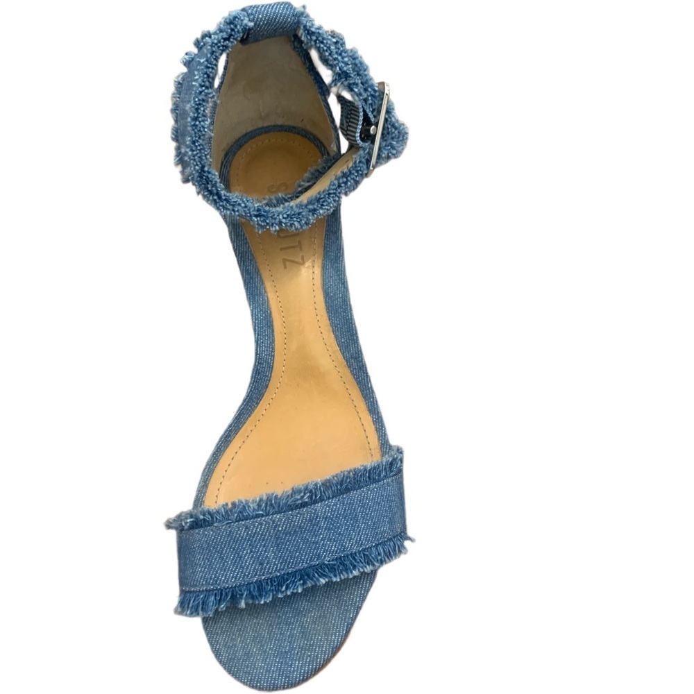 Schutz Frayed Denim Low Heel Block Sandals Size 5.5